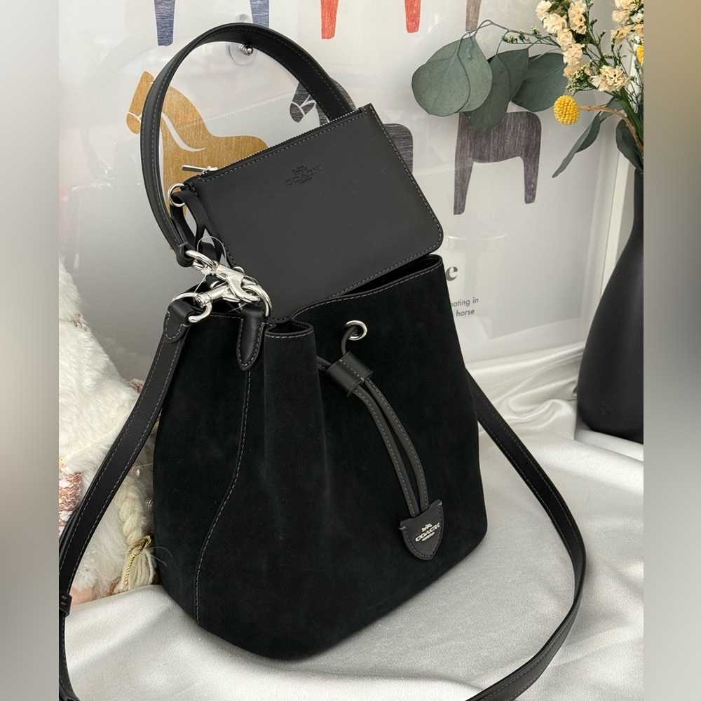 Coach Rowan Bucket Bag With Cherry Charm CCZ89 Suede/Silver/Black - Picture 4 of 9
